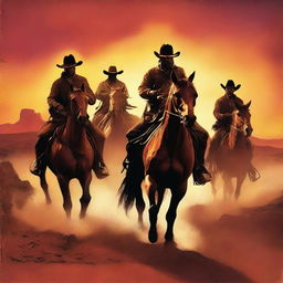 Create a western book cover featuring a band of outlaws running horseback into a vibrant sunset