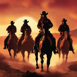 Create a western book cover featuring a band of outlaws running horseback into a vibrant sunset