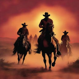 Create a western book cover featuring a band of outlaws running horseback into a vibrant sunset