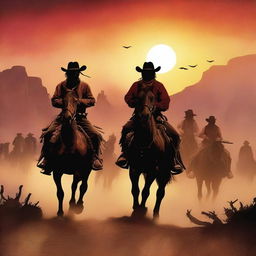 Create a western book cover featuring a band of outlaws running horseback into a vibrant sunset