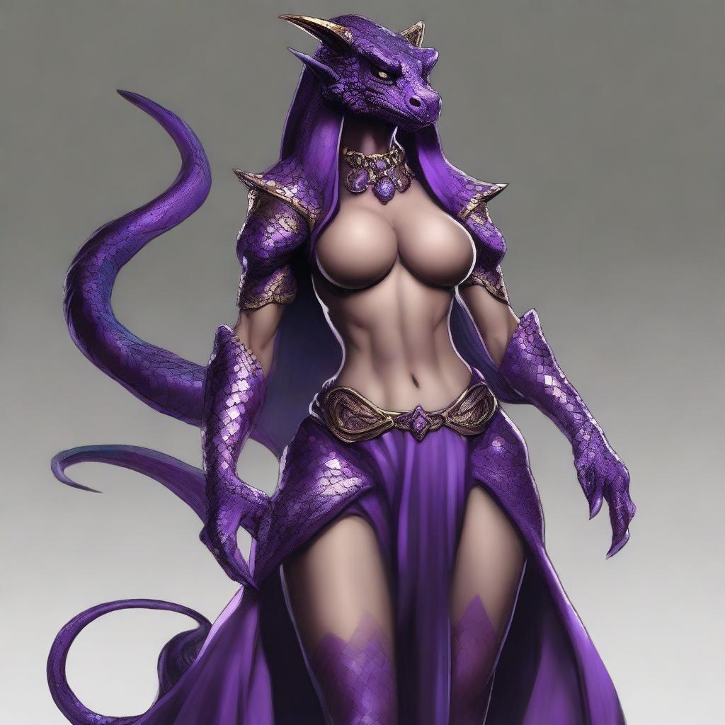 A dragonborn character from the Dungeons & Dragons universe with a slender waist, large breasts, and wide hips