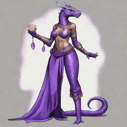 A dragonborn character from the Dungeons & Dragons universe with a slender waist, large breasts, and wide hips