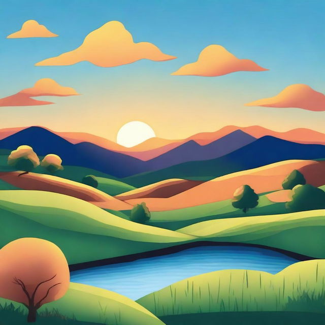 Create an image of a beautiful landscape with rolling hills, a clear blue sky, and a vibrant sunset