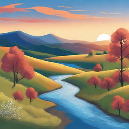 Create an image of a beautiful landscape with rolling hills, a clear blue sky, and a vibrant sunset