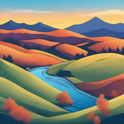 Create an image of a beautiful landscape with rolling hills, a clear blue sky, and a vibrant sunset