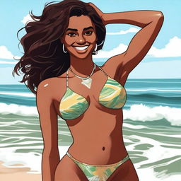 A brown-skinned girl wearing a bikini, standing on a sunny beach with waves crashing in the background