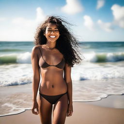 A brown-skinned girl wearing a bikini, standing on a sunny beach with waves crashing in the background