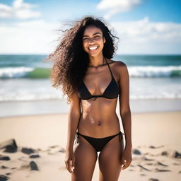 A brown-skinned girl wearing a bikini, standing on a sunny beach with waves crashing in the background