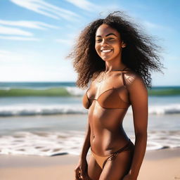 A young woman with brown skin is enjoying her time at the beach