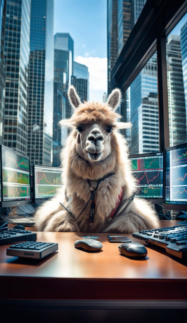 An alpaca trading stocks in a bustling city office, surrounded by computer screens displaying real-time market data.