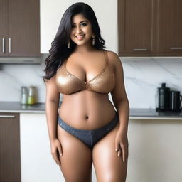 A beautiful Indian girl with a curvy body stands in the kitchen