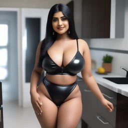 A beautiful Indian girl with a curvy body stands in the kitchen