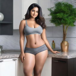 A beautiful Indian girl with a curvy body stands in the kitchen