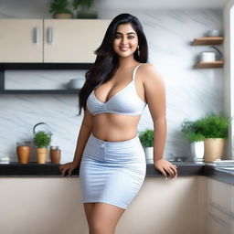 A beautiful Indian girl with a curvy body stands in the kitchen