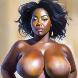 An oil-based painting of a voluptuous Black woman, focusing on her curves and breasts