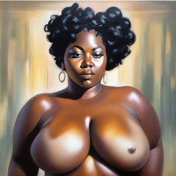 An oil-based painting of a voluptuous Black woman, focusing on her curves and breasts