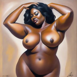 An oil-based painting of a voluptuous Black woman, focusing on her curves and breasts