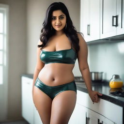 A beautiful Indian girl with a curvy body stands in the kitchen