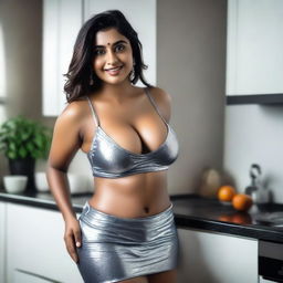 A beautiful Indian girl with a curvy body stands in the kitchen