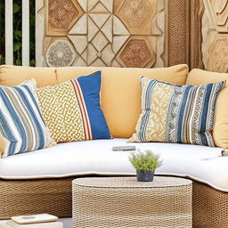 Chic outdoor seating area, influenced by the charm of Arabic line designs, boasting comfortable cushions, elaborate geometric patterns, and intricate details in a rich color palette.