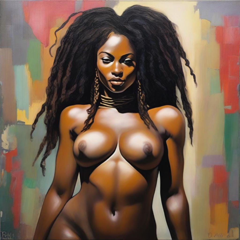 An oil-based painting of a sexy Black woman with dreadlocks, focusing on her curves and breasts