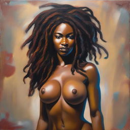 An oil-based painting of a sexy Black woman with dreadlocks, focusing on her curves and breasts