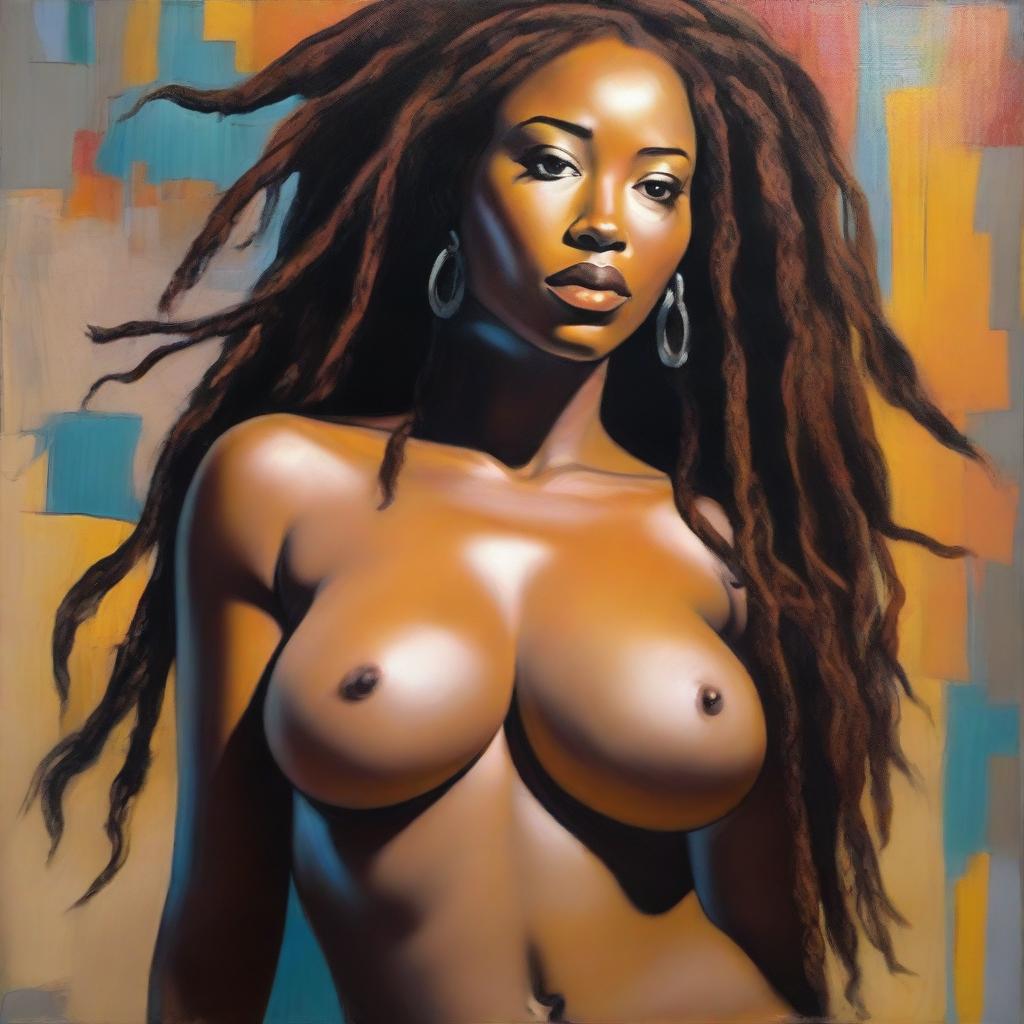 An oil-based painting of a sexy Black woman with dreadlocks, focusing on her curves and breasts