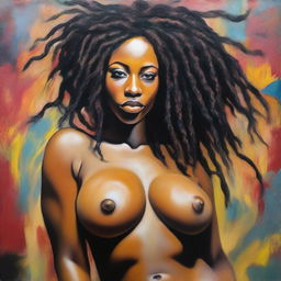 An oil-based painting of a sexy Black woman with dreadlocks, focusing on her curves and breasts