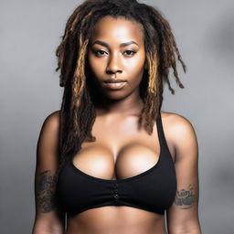 A sexy Black woman with dreadlocks, focusing on her curves and breasts