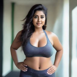 A beautiful Indian woman with a curvy body is wearing tight leggings and a short top