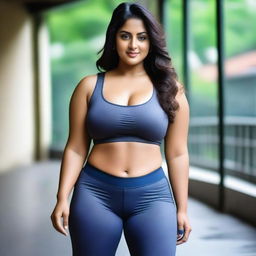 A beautiful Indian woman with a curvy body is wearing tight leggings and a short top