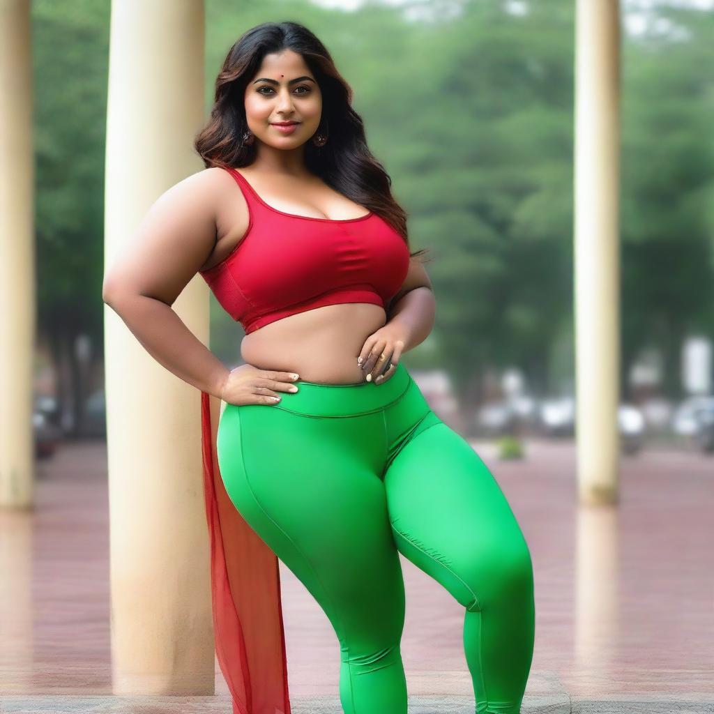 A beautiful Indian woman with a curvy body is wearing tight red leggings and a tight green bra