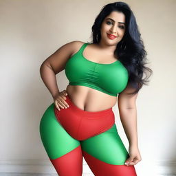 A beautiful Indian woman with a curvy body is wearing tight red leggings and a tight green bra