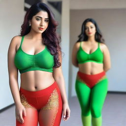 A beautiful Indian woman with a curvy body is wearing tight red leggings and a tight green bra