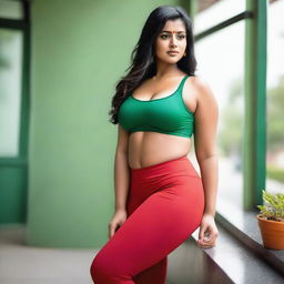 A beautiful Indian woman with a curvy body is wearing tight red leggings and a tight green bra