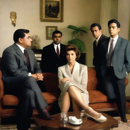 A woman sitting on a couch with five men standing behind her