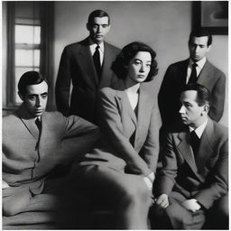 A woman sitting on a couch with five men standing behind her