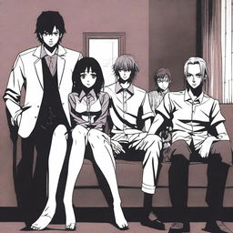 An anime-style scene featuring a woman sitting on a couch with five men standing behind her