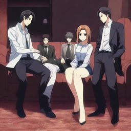 An anime-style scene featuring a woman sitting on a couch with five men standing behind her