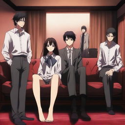 An anime-style scene featuring a woman sitting on a couch with five men standing behind her