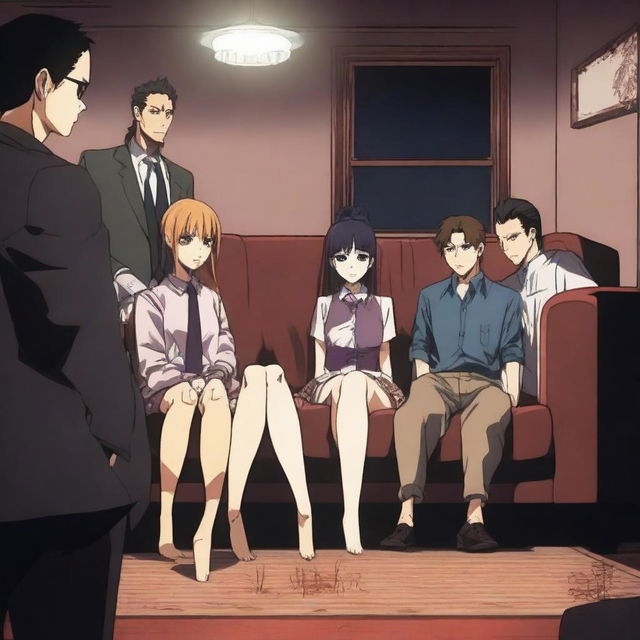 An anime-style scene featuring a woman sitting on a couch with five men standing behind her