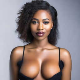 A beautiful Black woman with an elegant presence, highlighting her natural beauty and attractive features, including her breasts