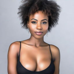 A beautiful Black woman with an elegant presence, highlighting her natural beauty and attractive features, including her breasts