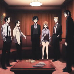 An anime-style scene featuring a woman sitting on a couch with six men standing behind her