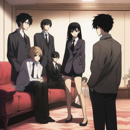 An anime-style scene featuring a woman sitting on a couch with six men standing behind her