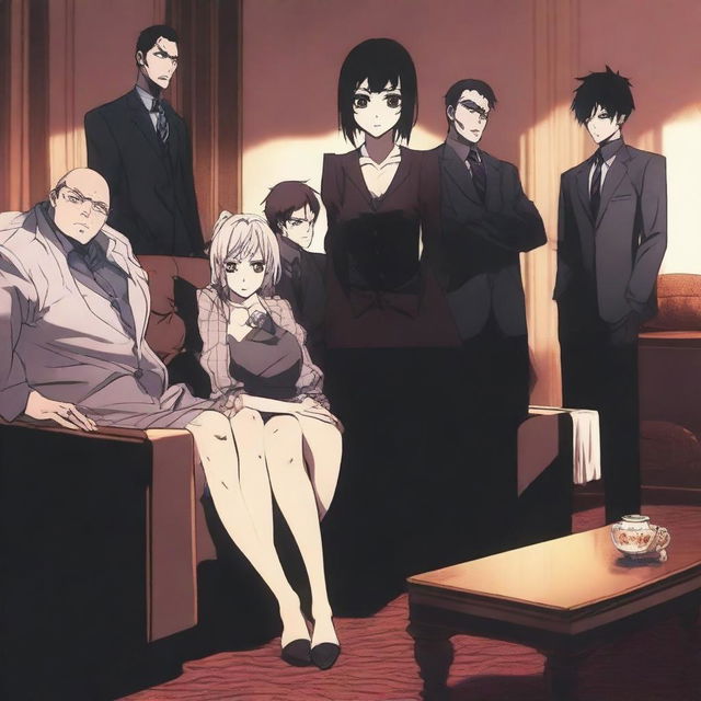 An anime-style scene featuring a woman sitting on a couch with six men standing behind her