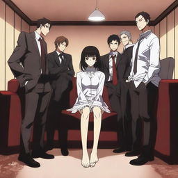 An anime-style scene featuring a woman sitting on a couch with six men standing behind her