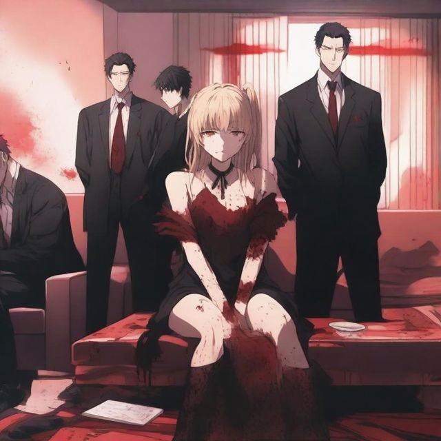 A modern anime-style scene featuring a woman sitting on a couch with six men standing behind her, all covered in blood