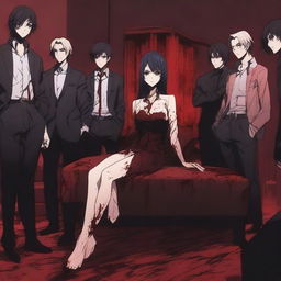 A modern anime-style scene featuring a woman sitting on a couch with six men standing behind her, all covered in blood