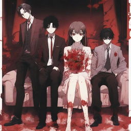 A modern anime-style scene featuring a woman sitting on a couch with six men standing behind her, all covered in blood